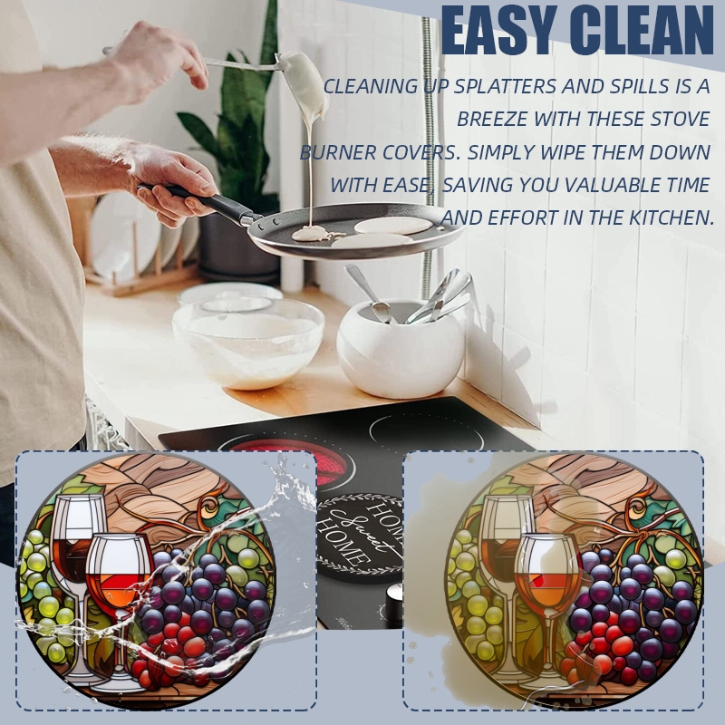 Round Gas Stove Burner Covers Set of 4, Red Wine with Grapes Electric Stove Burner Covers Range Top for Expanding Counter Space for Kitchen, 8 Inches and 10 Inches