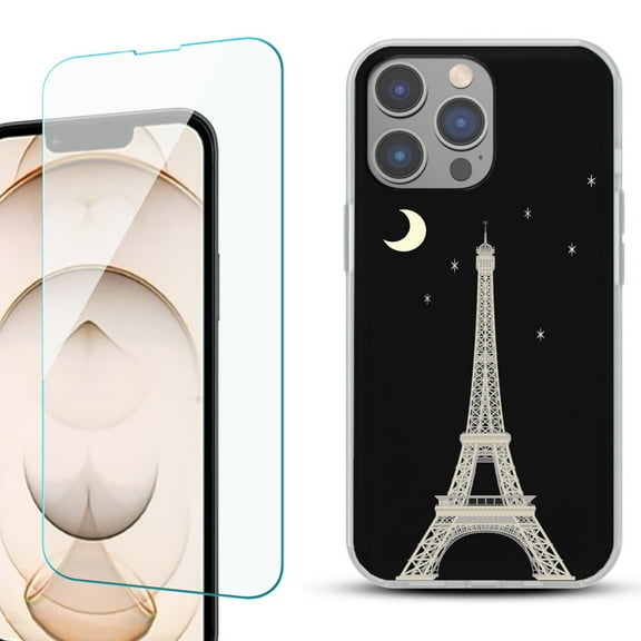 OneToughShield ® for iPhone 15 Pro Max Shockproof Fashion Phone Case, with Tempered Glass Screen Protector - Eiffel Tower Moon