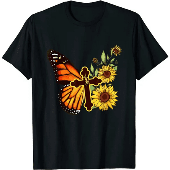 T-shirts For Women Summer Tee Shirt Faith Cross Sunflower Butterfly Christian Vintage T-Shirt Casual Short Sleeve Round Neck Tops T-shirts