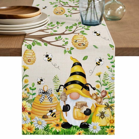 Table Runner 108 Inches Long for Kitchen Dining, Yellow Daisy Gnomes Dresser Scarf Farmhouse, Dining Table Decorations for Wedding/Parties, Pastoral Bees Floral Botanical Beige 13 x 108 In