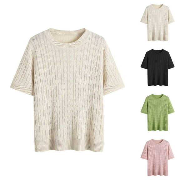 Pullover Sweaters for Women 2025 Short Sleeve Crewneck Lightweight Cable Knit Sweater Tops Fall Outfits