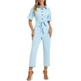 thumbnail image 1 of INSPIRE CHIC Women's Jumpsuit Short Sleeve Collared Button Down Tie Waist Cotton Cargo Jumpsuit M Light Blue, 1 of 5