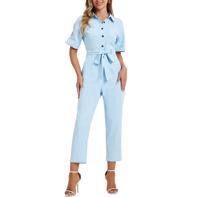 INSPIRE CHIC Women's Jumpsuit Short Sleeve Collared Button Down Tie Waist Cotton Cargo Jumpsuit M Light Blue