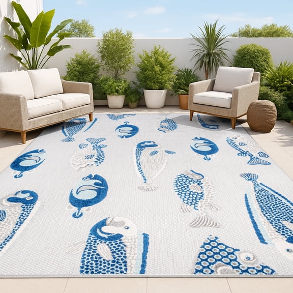 JONATHAN Y AMALFI COAST 5 x 8 Area Rug, Algarve Fish - Gray/Navy, AMC114B-5
