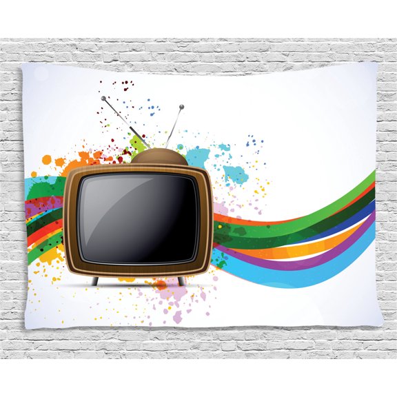 Vintage Rainbow Tapestry, Old Television with Colorful Wavy Lines Color Splashes Media Communication, Wall Hanging for Bedroom Living Room Dorm Decor, 80W X 60L Inches, Multicolor, by Ambesonne
