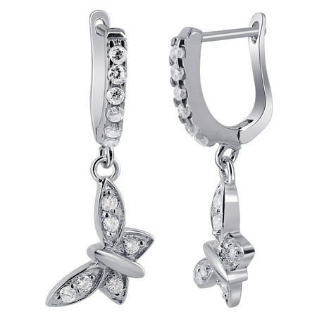 Zirconia Christmas Charm Gem Avenue Sterling Silver Rhodium Plated Cubic Zirconia Dangle Earrings Butterfly Charm ()