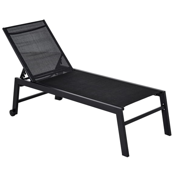 Outdoor Lounge Chair, Patio Lounger With 5-Position Reclining Backrest And 2 Wheels For Poolside, Beach, Lawn, Black