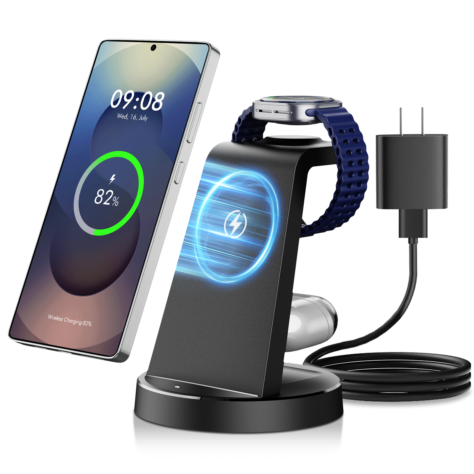 Wireless Charger for Samsung, 3 in 1 Charging Station, 15W Fast Charging Stand for Galaxy S26 Ultra S25 S24, Watch Charger for Watch 8 7 6 5 4, Charging Dock for Galaxy Buds 3 2 pro, Black