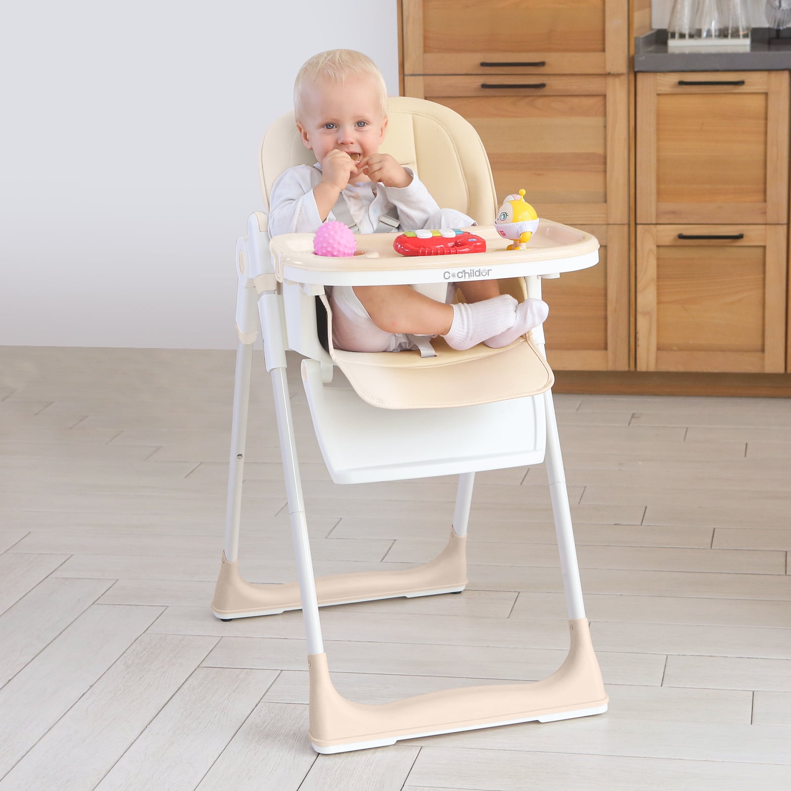 Cochildor Foldaway 3-in-1 High Chair for Babies & Toddlers, with 5 Point Harness, Tray, Foot Rest and Wheels, Beige