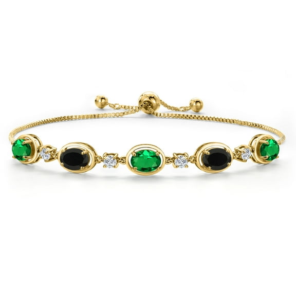 Gem Stone King 18K Yellow Gold Plated Silver Green Nano Emerald and Black Onyx Bracelet for Women | 3.20 Cttw | Gemstone May Birthstone | Oval 7X5MM | Fully Adjustable 9 inch