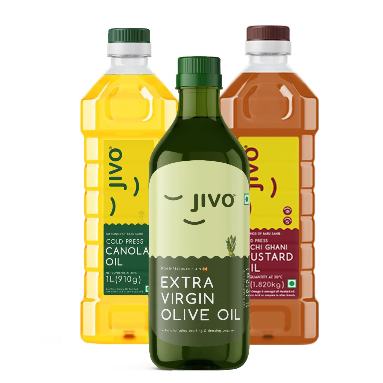 Jivo Canola Cold Press Edible Oil, Extra Virgin Olive Oil Kachi Ghani mustard Oil 1Litre Each
