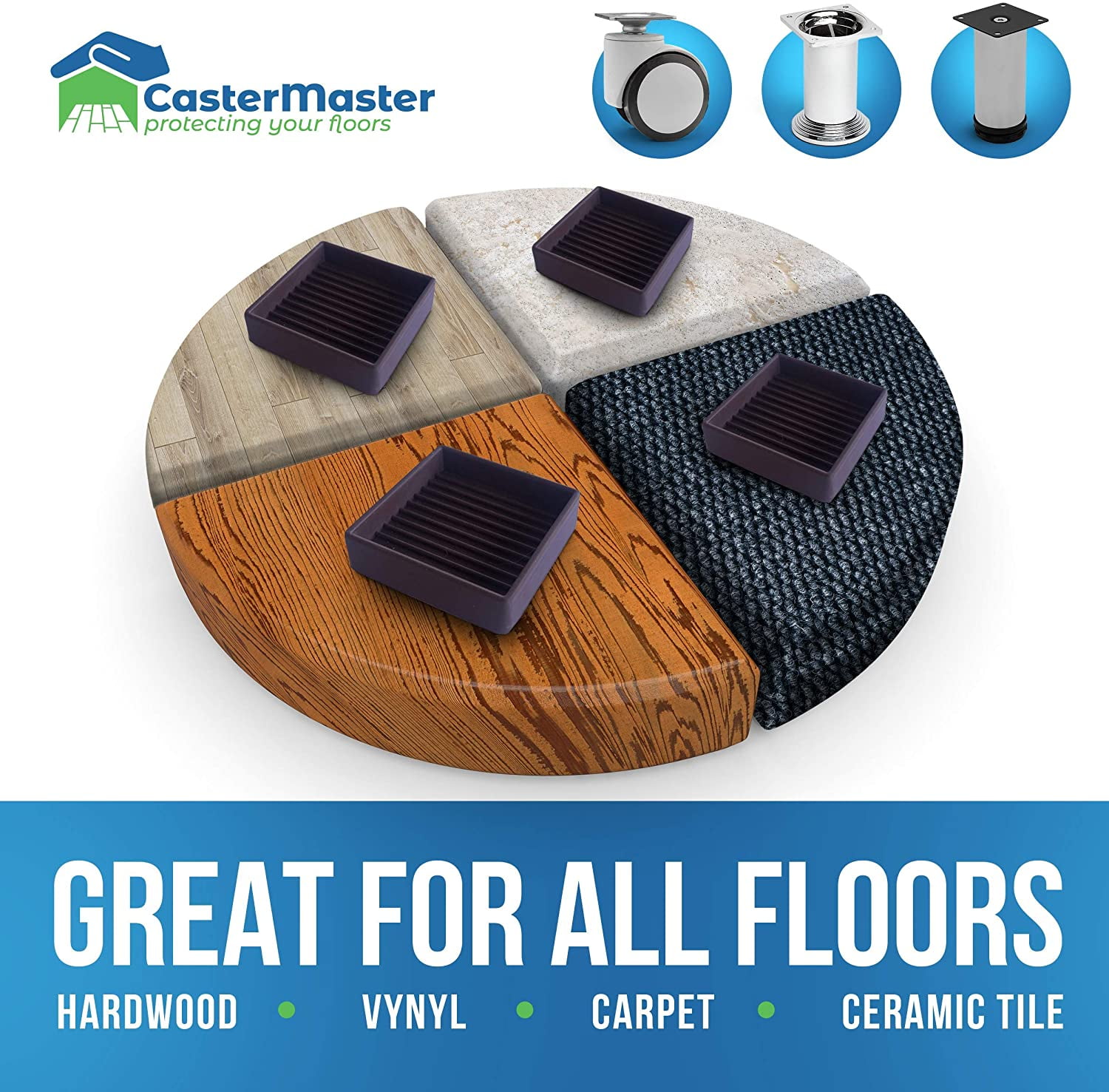 CasterMaster Non Slip Furniture Pads- 2x2 Square Rubber Anti  Skid Caster Cups, Leg Coasters- Couch, Chair, Feet, and Bed Stoppers-  Anti-Sliding Floor Protectors for Furniture (Set of 4) Black : Tools