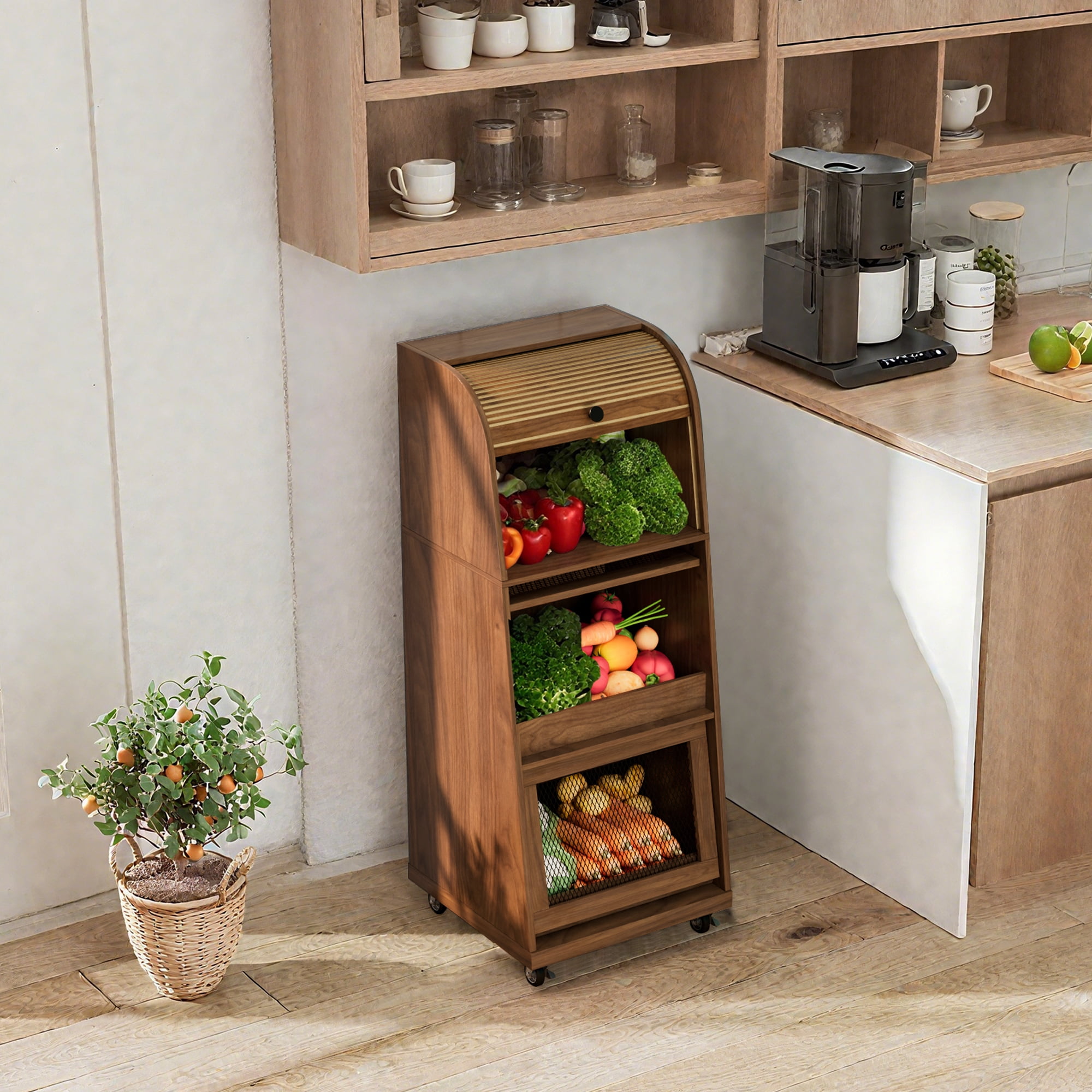 Onion and Potato Storage Bin Box, Movable Potato Bins with Sliding Door, Farmhouse Kitchen Pantry Cabinet