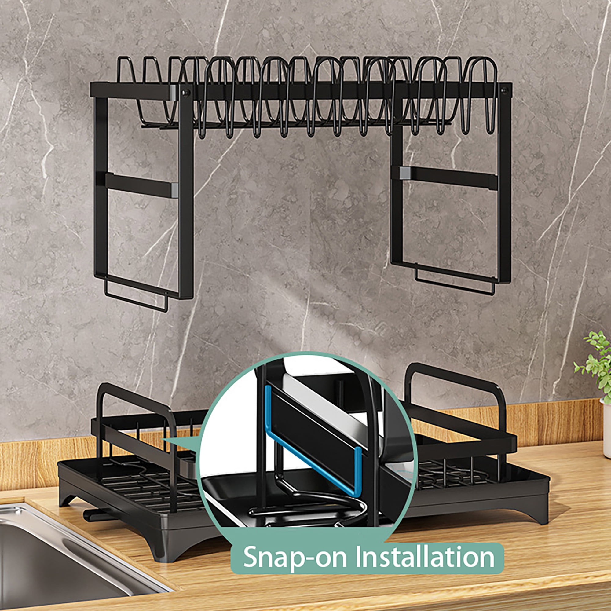 SIDIANBAN Dish Drying Rack for Kitchen Counter, 2-Tier Dish Racks with Drainboard, Stainless Steel Utensil Holder,Black