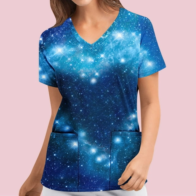 TIMIFIS V-Neck Scrub for Women Summer Scrub Tops Workwear Nursing Scrub Shirts Printed Short Sleeve Uniform Scrub Tops with Pockets - Spring/Summer