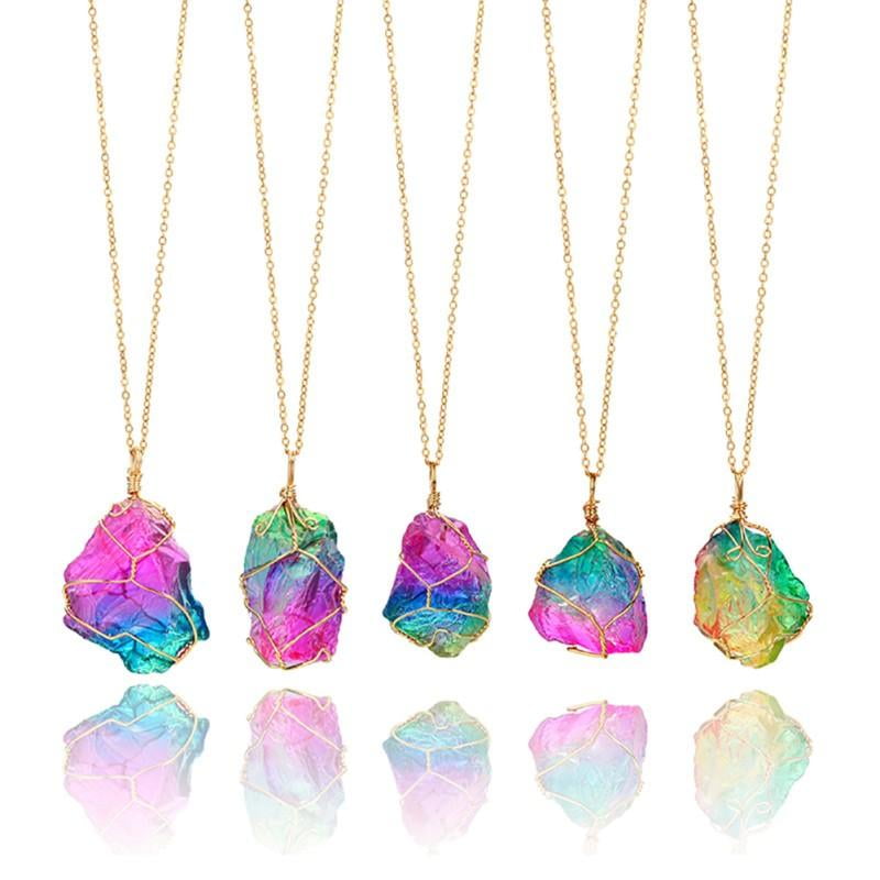 Irregular Rainbow Stone Natural Crystal Necklace Pendant Chakra Rock Quartz Gift 