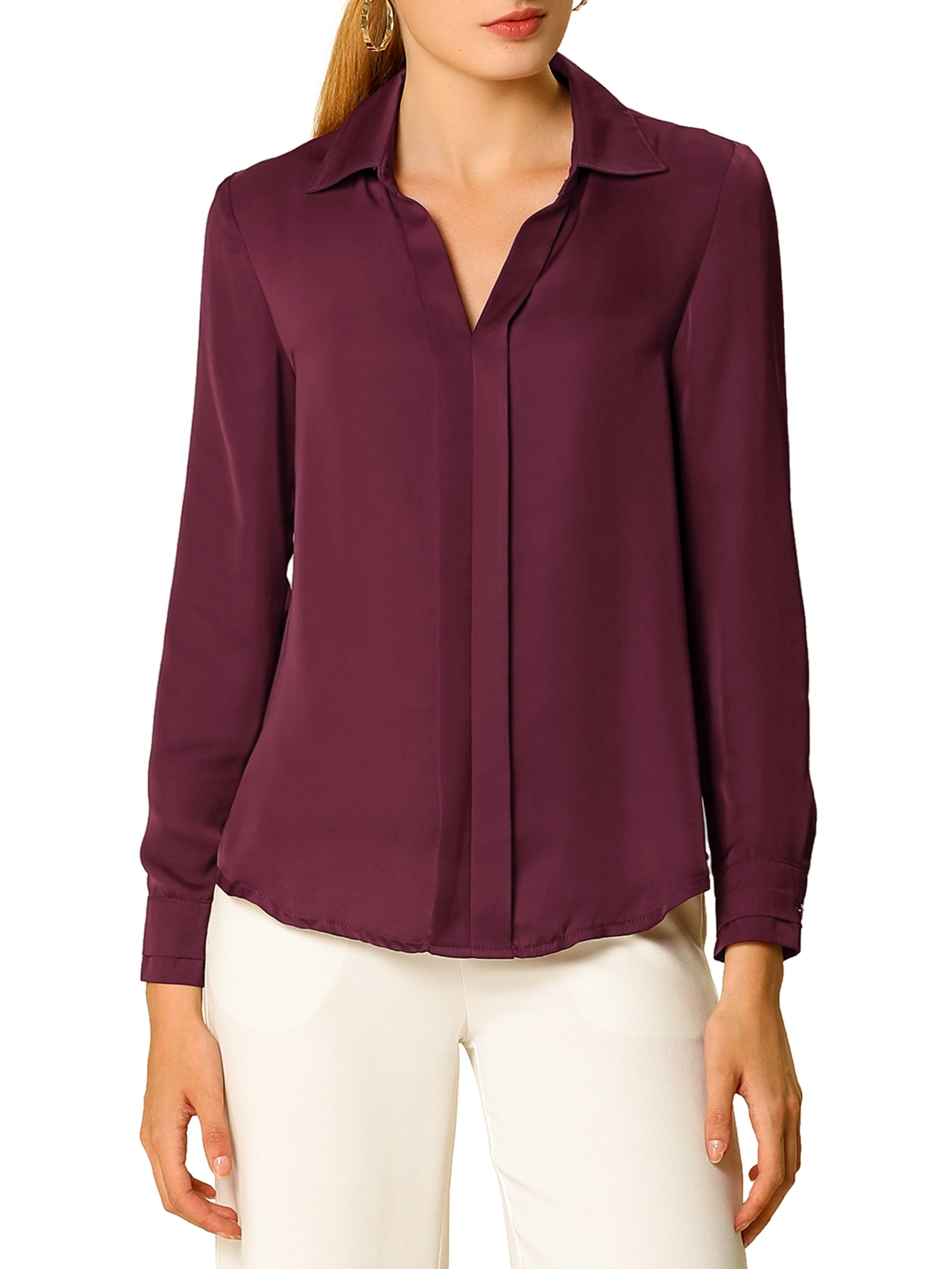 DARING DIVA Women's V Neck Classic Work Office Long Sleeve Shirt XL Wine Red