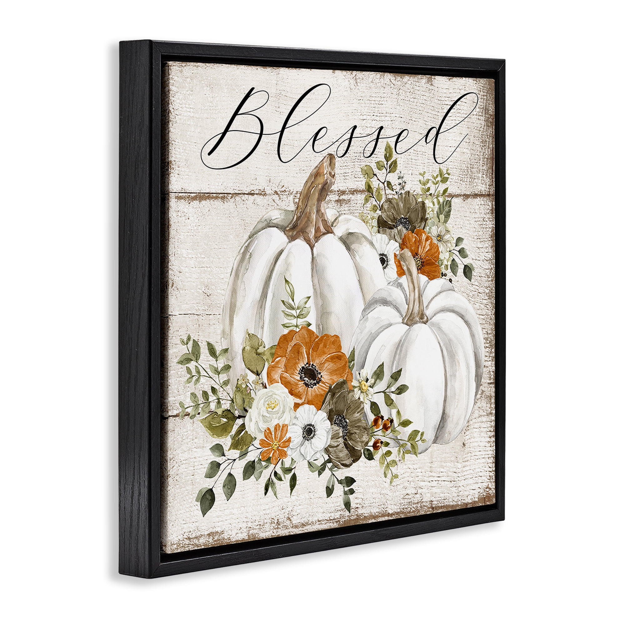 Stupell Industries Blessed Floral Pumpkin Holiday Painting Black Floater Framed Canvas Art Prints Wall Art, 25 x 25