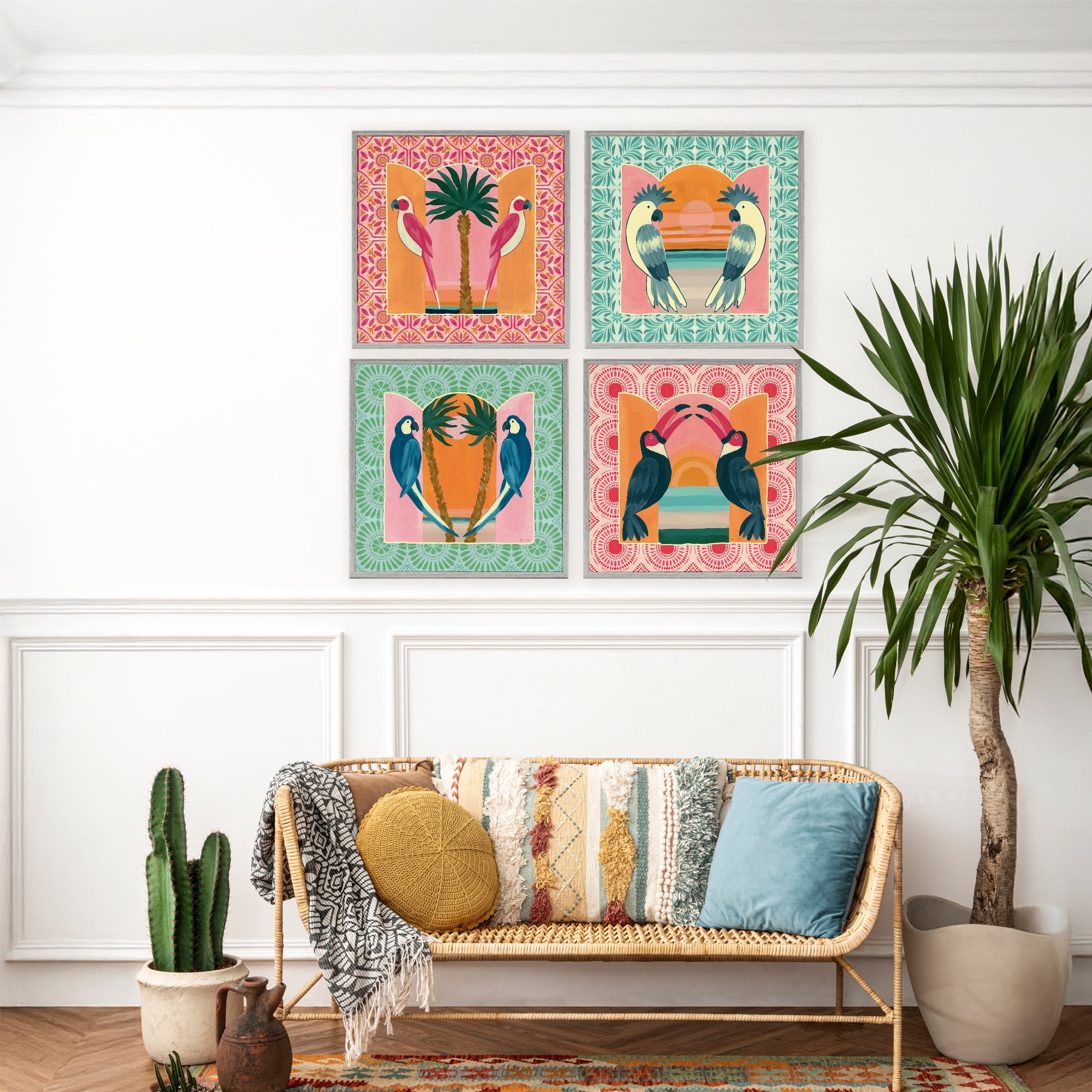 Stupell Industries Patterned Twin Bird Symmetry 4 Piece Gray Framed Giclee Art Set, design by Yvette St. Amant