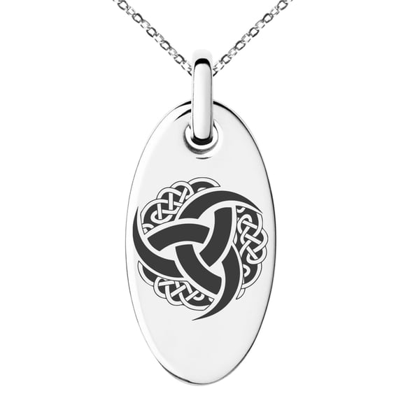 Stainless Steel Triskelion Odin's Horn Knot Viking Engraved Small Oval Charm Pendant Necklace
