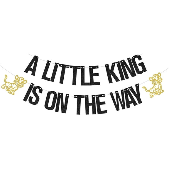 A Little King Is on the Way Banner Lion Baby Shower Decorations Lion King Theme Birthday Party Decorations Black Glitter