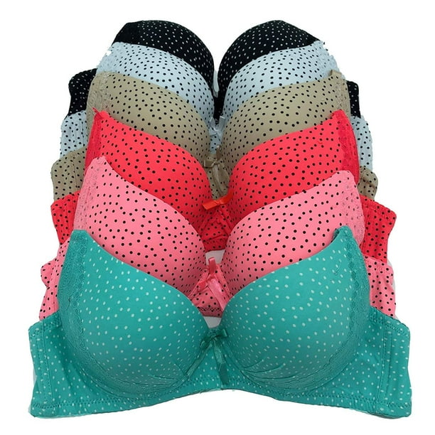 Iheyi 6 Pieces ADD 1 Cup Lace Polka Dot Full Cup/Demi Wired Double Pushup Push Up Bra B/C (38B