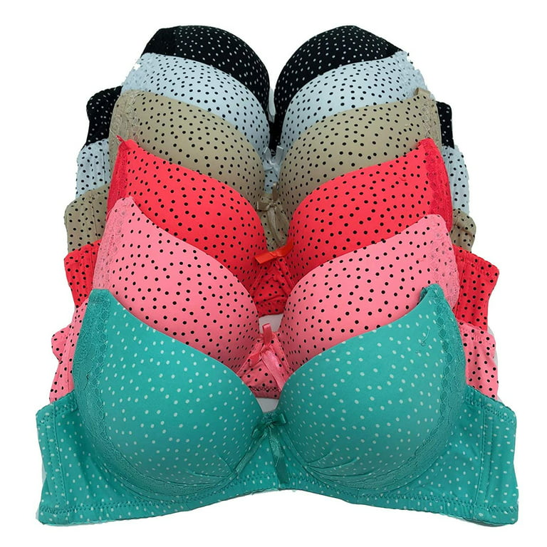 6 Pieces ADD 1 Cup Lace Polka Dot Full Cup/Demi Wired Double Pushup Push Up  Bra B/C (32B) 
