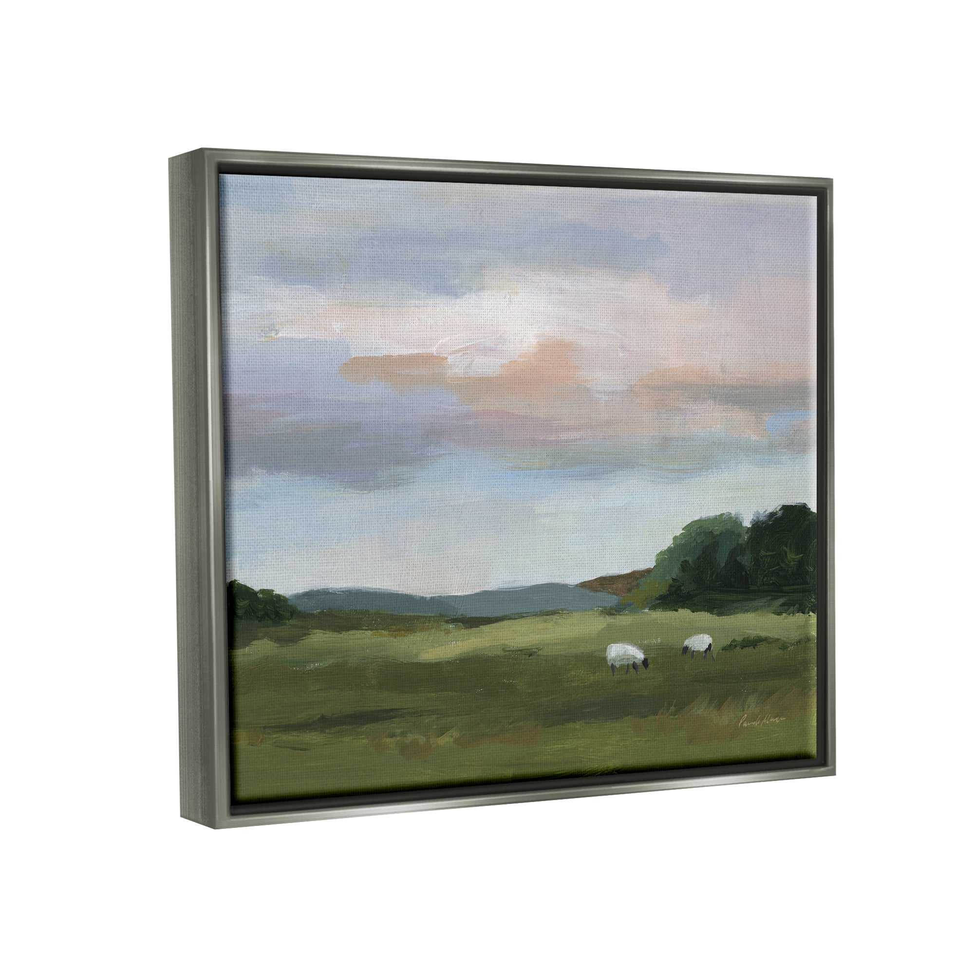 Stupell Industries Sheep in Country Field Landscape Painting Gray Floater Framed Canvas Art Print Wall Art, 31 x 25