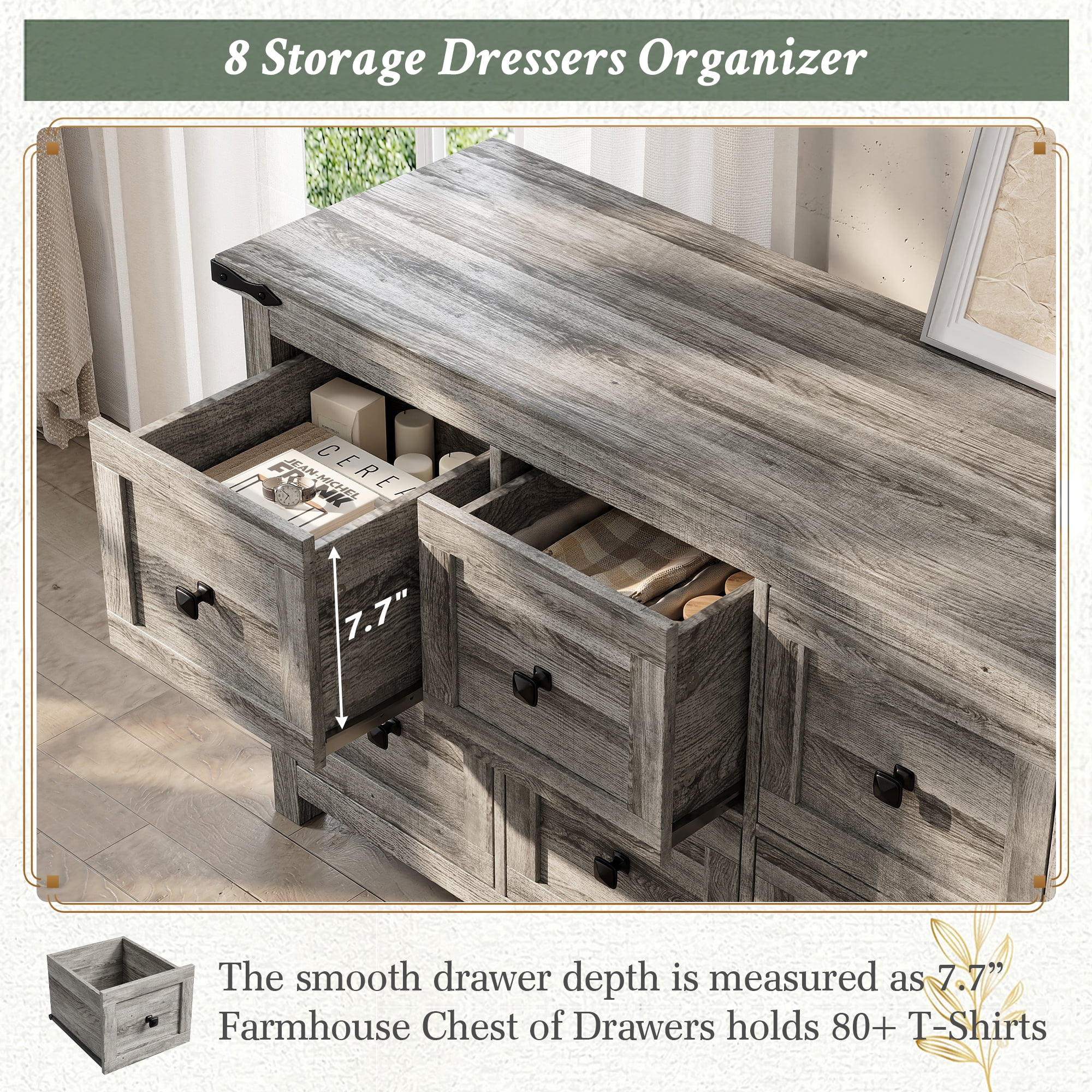 EnHomee Dresser for Bedroom Wooden Dresser with 8 Drawers Farmhouse Dresser TV Stand，Gray