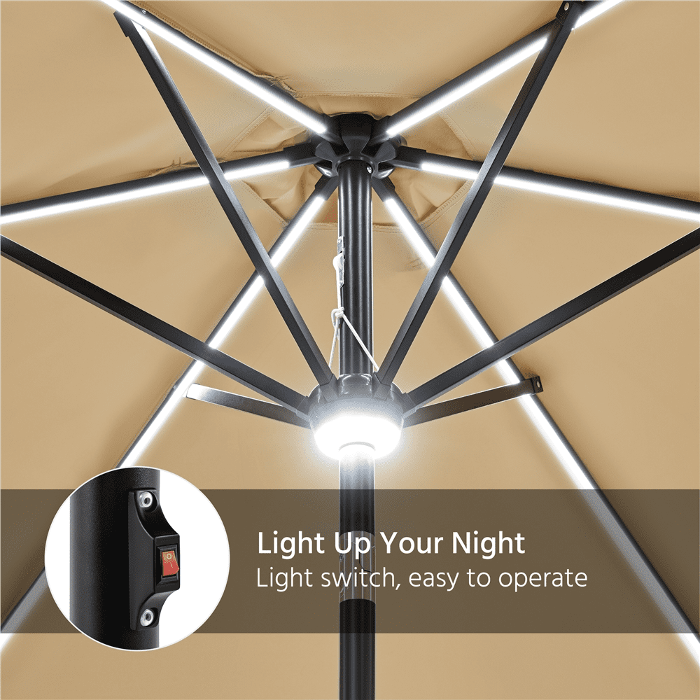 Renwick 9Ft Outdoor Patio Umbrella with Solar Powered LED Lights Strips, Tan