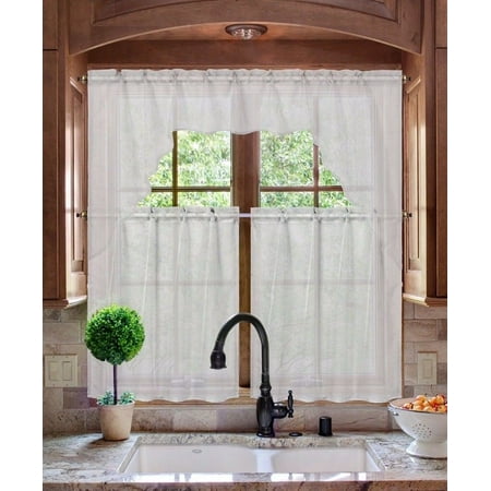 K66 SILVER 3-PC Luxurious Sheer Organza Kitchen Rod Pocket ...