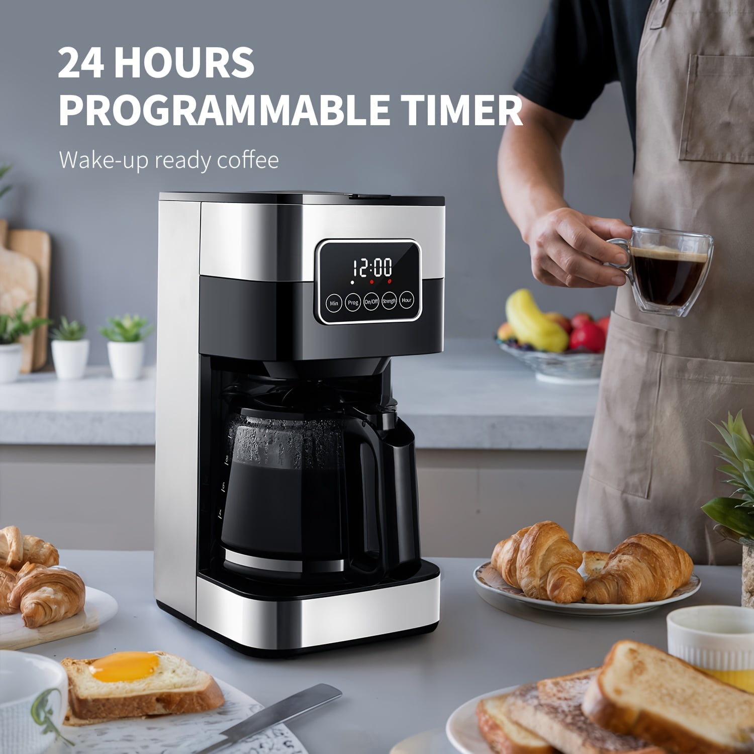 10-Cup Programmable Drip Coffee Machine Featuring a Touch-Screen, Pause & Serve Function, Made of Stainless Steel in Black Color