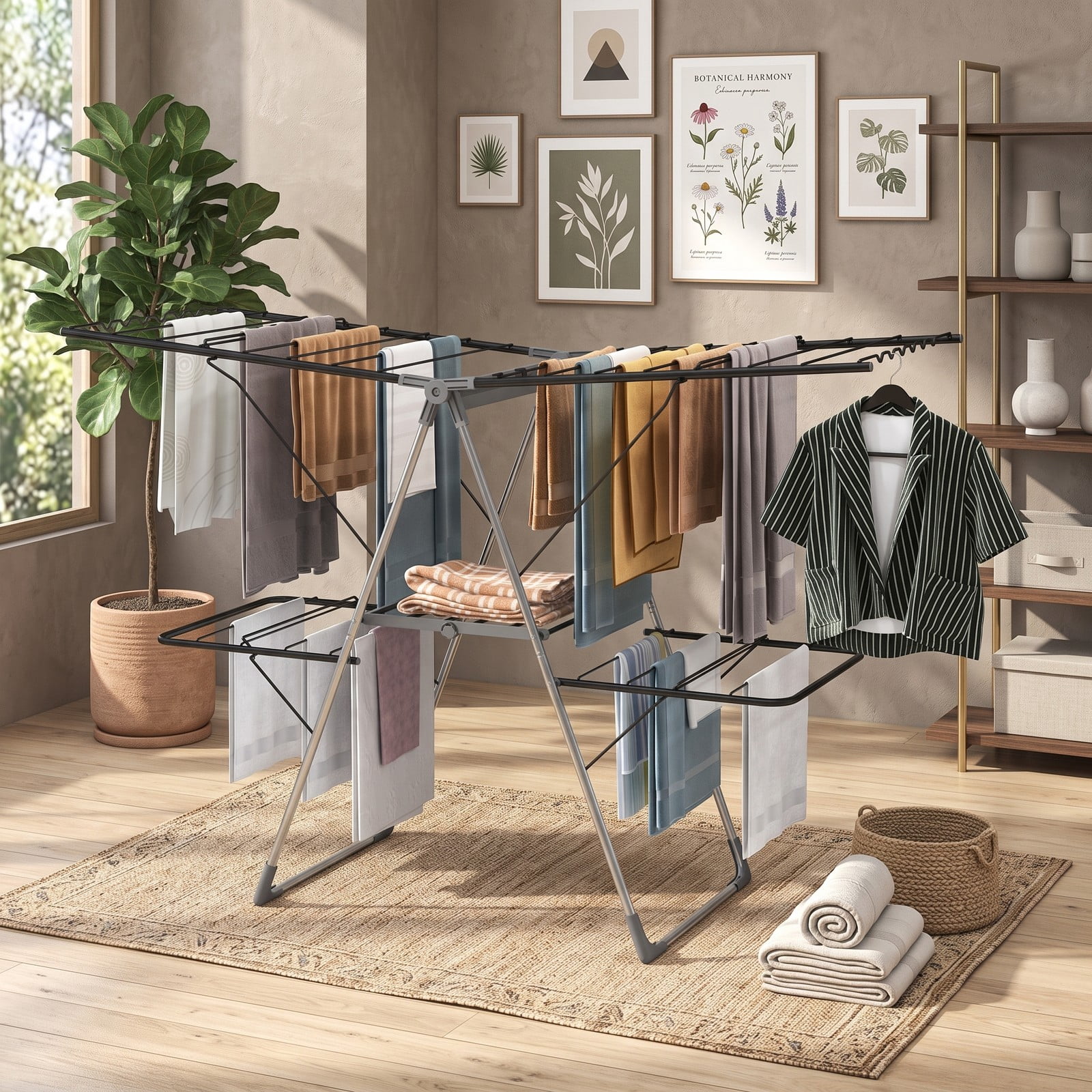 ALPULON 2-Tier Clothes Drying Rack with 33 Drying Rails, Height Adjustable Gullwing Laundry Drying Stand, Foldable Stainless Steel Garment Airer for, Silver & Gray