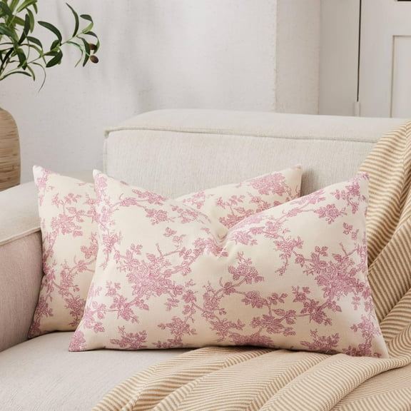 100% Cotton French Pastoral Lumbar Throw Pillow Covers Set of 2, 12x20 Inch Pink Farmhouse Decorative Cushion Covers for Sofa Bed Living Room Home Decor