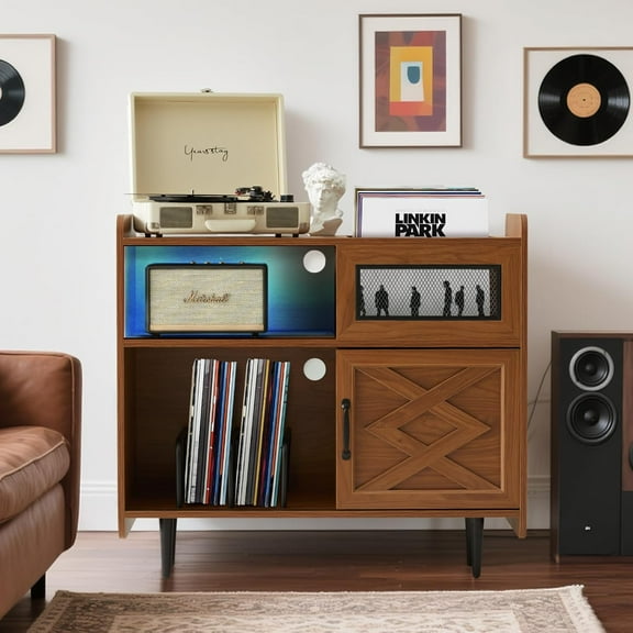 Vinyl Record Player Stand with Charging Station & RGB Lights... Holds 350  Albums, Solid Wood Cabinet with Metal Legs for Turntable, Living Room, Bedroom