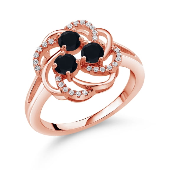 Gem Stone King 0.88 Ct Round Black Onyx White Created Sapphire 18K Rose Gold Plated Silver Ring (Size 5)