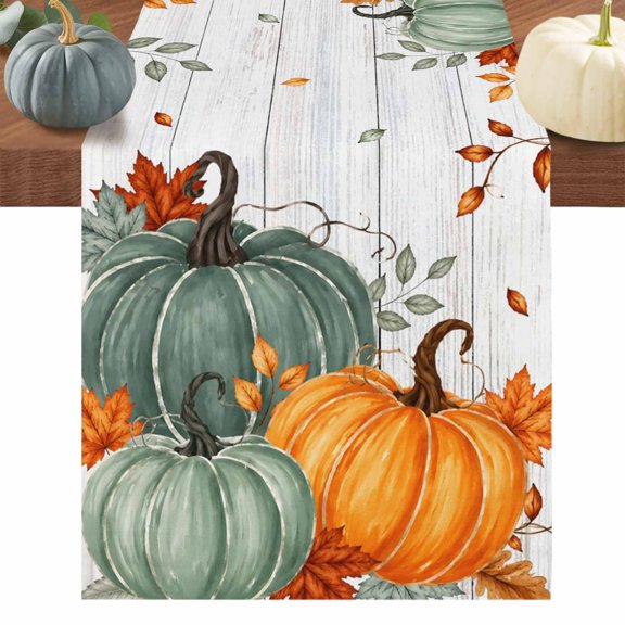 Green Orange Fall Table Runner 70 Inches Long, Maple Leaves Thanksgiving Wood Grain Cotton Linen Table Runners Dresser Scarves, Fabric Tabletop Scarf Furniture Cover for Dinner Party 13"x70"