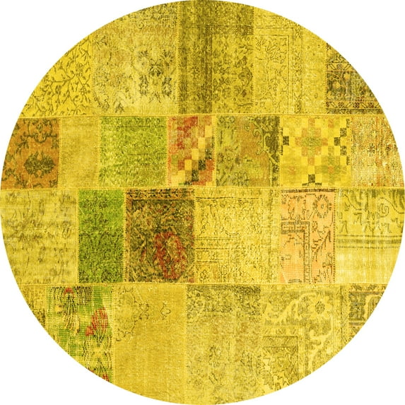 Ahgly Company Indoor Round Patchwork Yellow Transitional Area Rugs, 8' Round