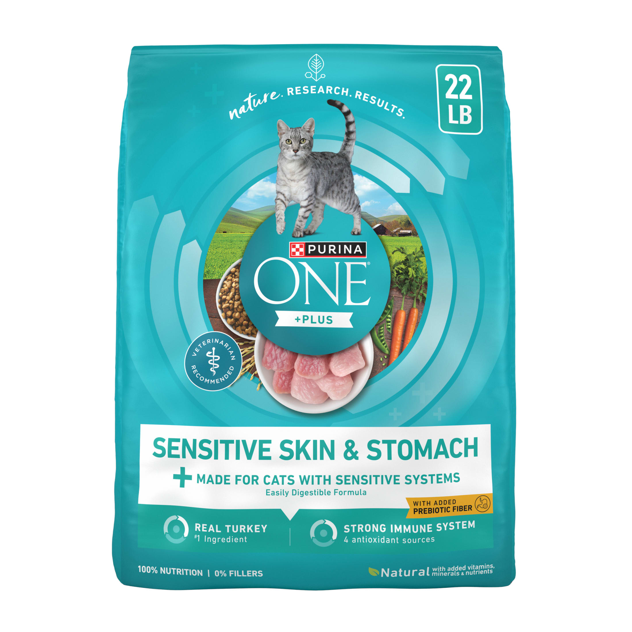 Purina ONE Plus Dry Cat Food Sensitive Skin & Stomach, Natural Turkey, 22 lb Bag