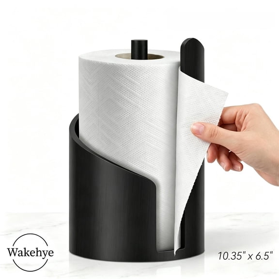 Black Wood Paper Towel Holder Countertop, Mountain Design One Hand Tearing with Weighted Base Fits Jumbo and Mega Rolls