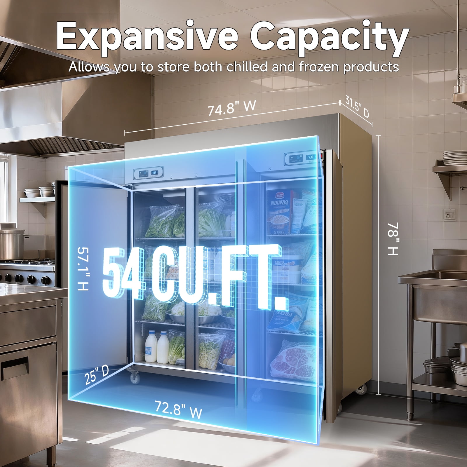 VEECOOL Commercial Refrigerator Freezer Combo WiFi with Smart App Control, 72" 54 Cu.Ft Dual Temperature Upright Freezer, 3 Door 3 Section Stainless Steel Reach in Fridge for Restaurant Church School