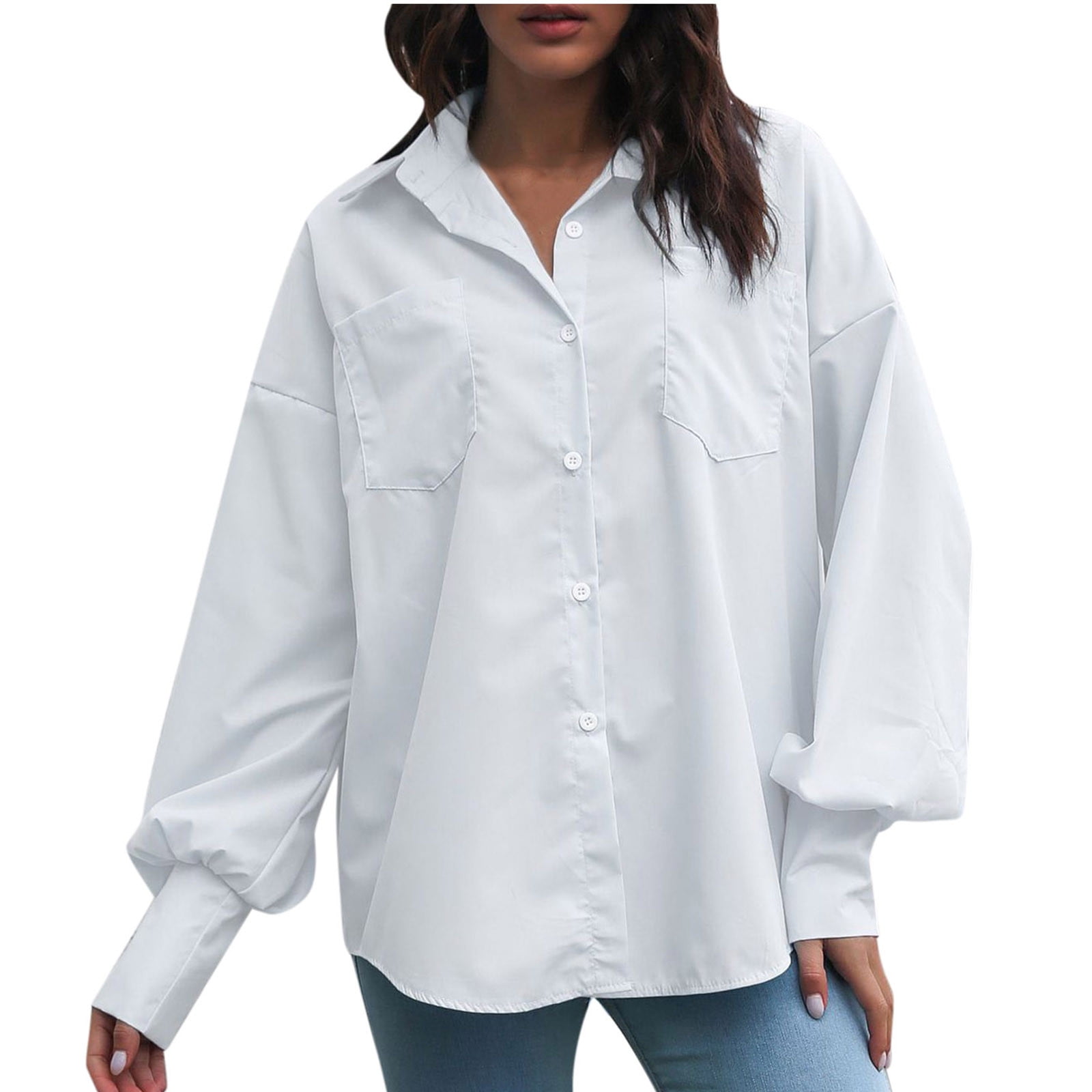 Womens Button Down Shirts Loose Baggy Tops Dress Shirts for Women Solid Color Womens Long Sleeve Shirts for Fall