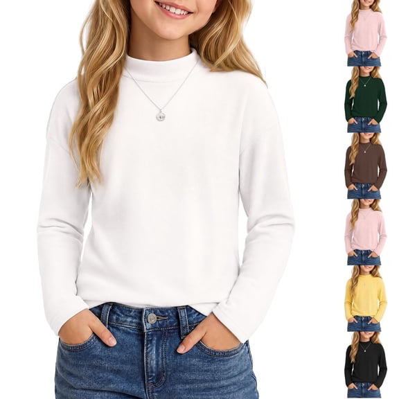 Resicozy Girls Turtleneck Pullover Long Sleeve Cute T Shirt for Kid, Solid Casual Warm Fall Winter Shirts for Daily School 2-13 Years White 100