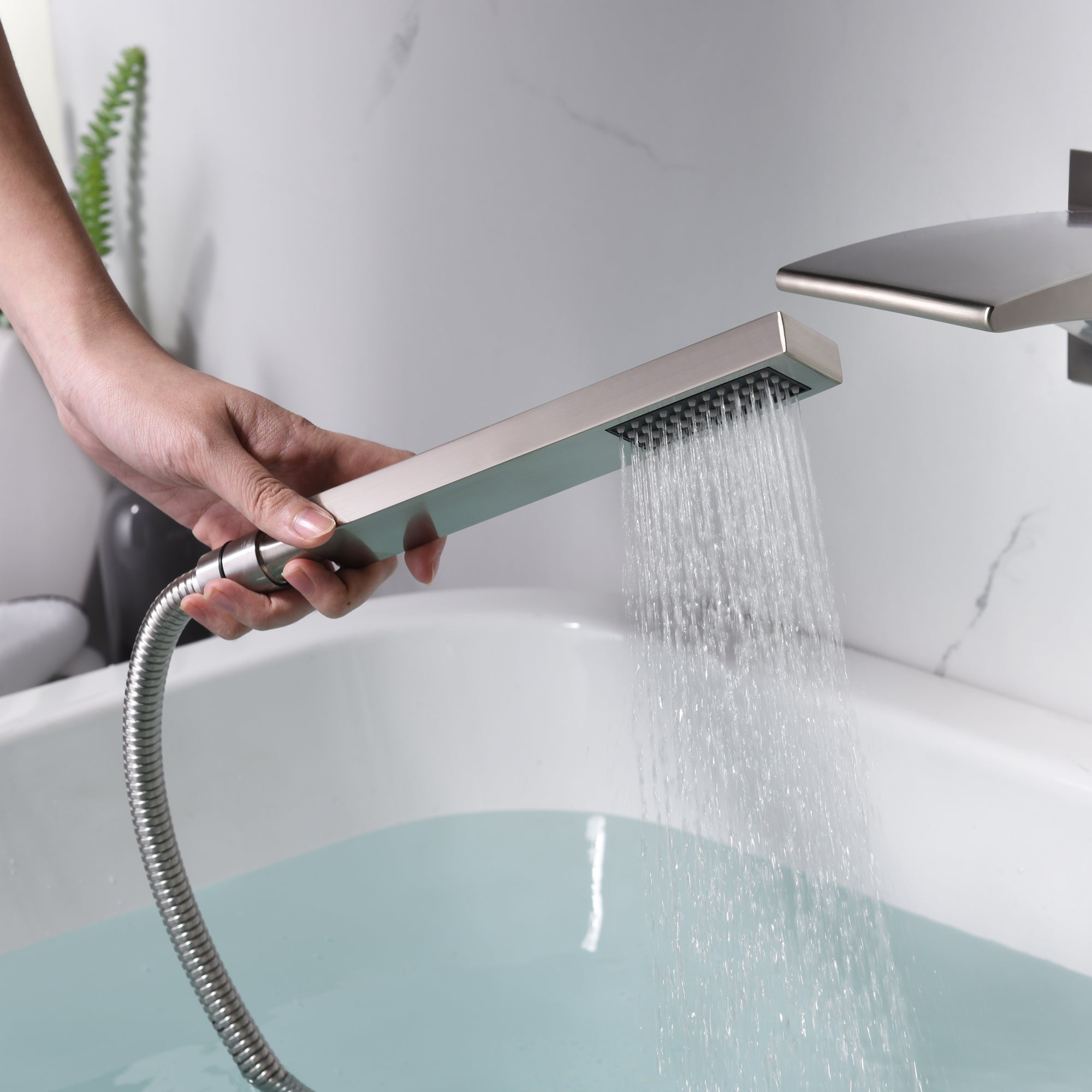 Sumerain Wall Mount Tub Filler Brushed Nickel with Waterfall Tub Spout and Handheld Shower, High Flow