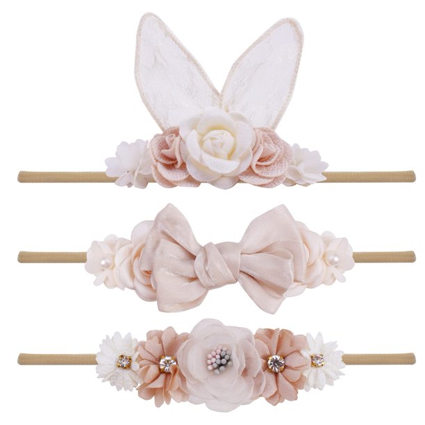 Juego de 3 diademas con forma de conejito en forma de flor para bebés y niñas