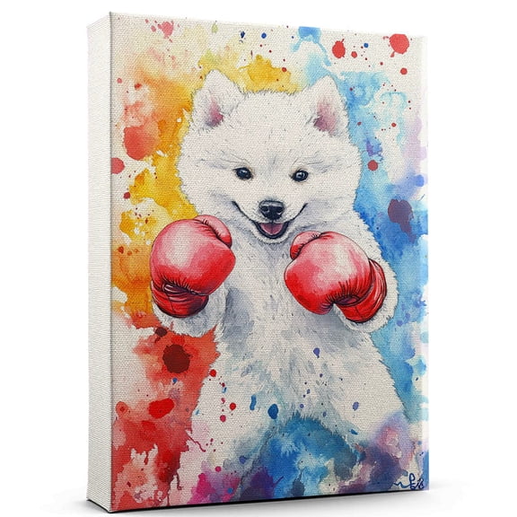 Samoyed Dog Playing Boxing Wall Canvas – Samoyed Canvas Art for Dog Lovers, Boxing Canvas and Unique Room Decor