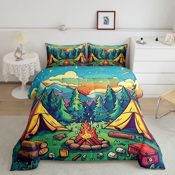 Erosebridal Happy Camping Bedding Sets Twin with Comforter, Rustic Adventure Duvet Insert, Jungle Camp Decor, Microfiber 2pcs