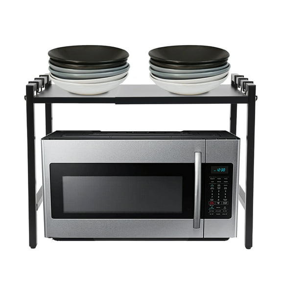 Peakora Adjustable Microwave Rack, 2-Tier Black Expandable Shelf for Small Kitchen Appliances & Storage