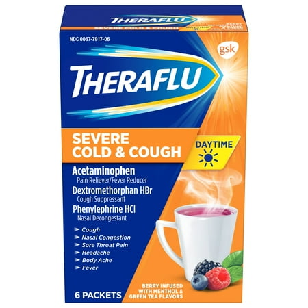 Theraflu Day Time Severe Cold & Cough Berry Infused w/ Menthol Hot Liquid Powder for Cough & Cold Relief, 6 count