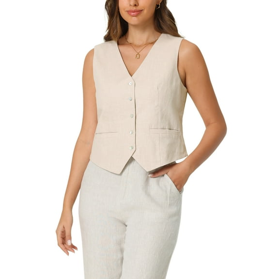 INSPIRE CHIC Women's Linen Vest Sleeveless Button Down V Neck Formal Work Waistcoat S Beige